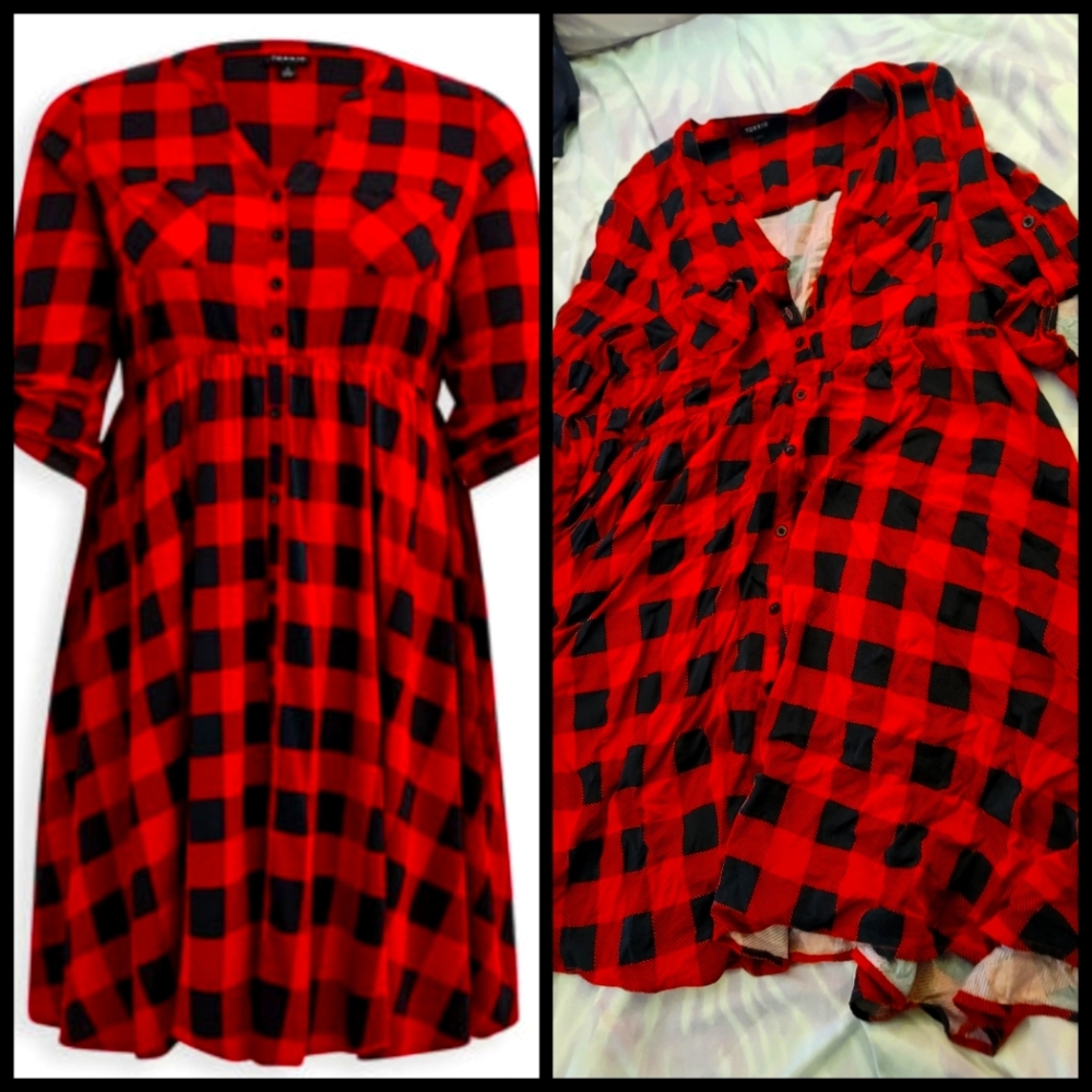 Torrid Long Sleeve Shirt Dress Stretch Challis Plaid Red